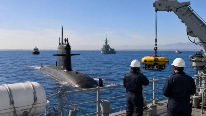 Imagen editorial ilustrativa generada mediante inteligencia artificial sobre La Armada ensaya en Murcia el rescate de un submarino accidentado