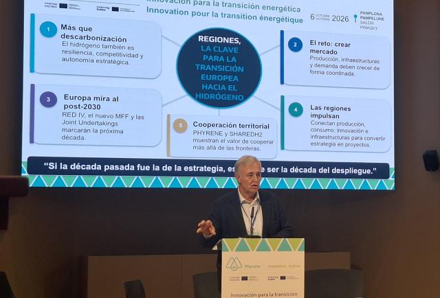 Aragón aboga por el hidrógeno renovable en jornada en Pamplona Aragón aboga por el hidrógeno renovable en jornada en Pamplona - Imagen relacionada con "Aragón impulsa el hidrógeno renovable en Europa, destacando su papel en proyectos industriales y la creación de un mercado energético sostenible y competitivo."