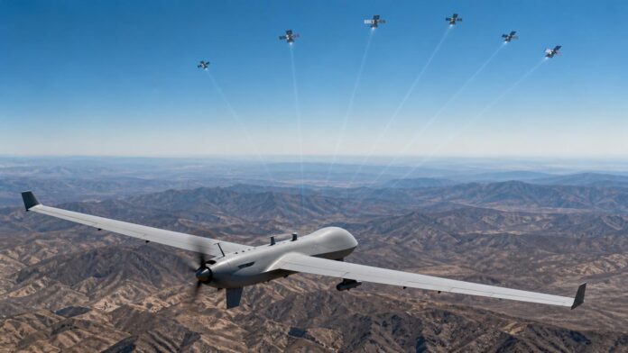 UAV Navigation desarrolla navegación para drones basada en señales LEO Imagen editorial ilustrativa generada mediante inteligencia artificial sobre UAV Navigation desarrolla navegación para drones basada en señales LEO